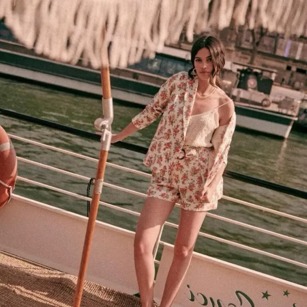 Sezane white floral linen shorts